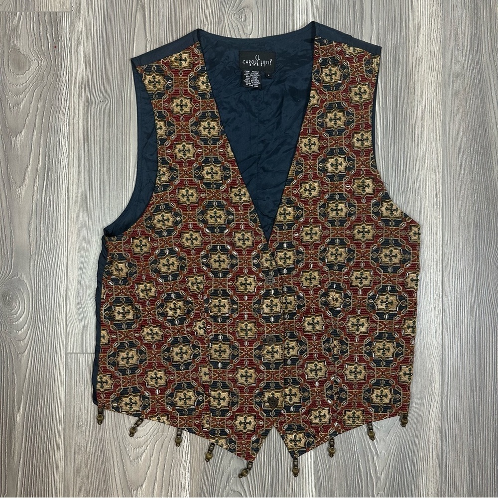 Vintage Carole Little Tapestry Beaded Detail Boho Festival Vest Size L